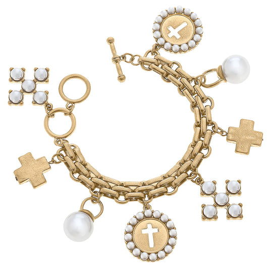Sarah Square and Coin Cross Charm Bracelet in Worn Gold
