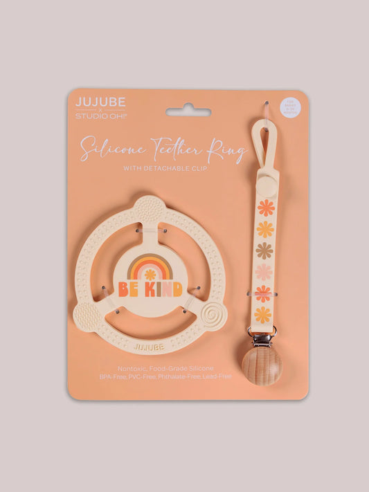 Silicone Teether Ring with Detachable Clip Be Kind Rainbows