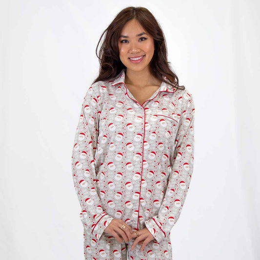 Cheerful Santa Long Sleeve Button Up Sleep Shirt