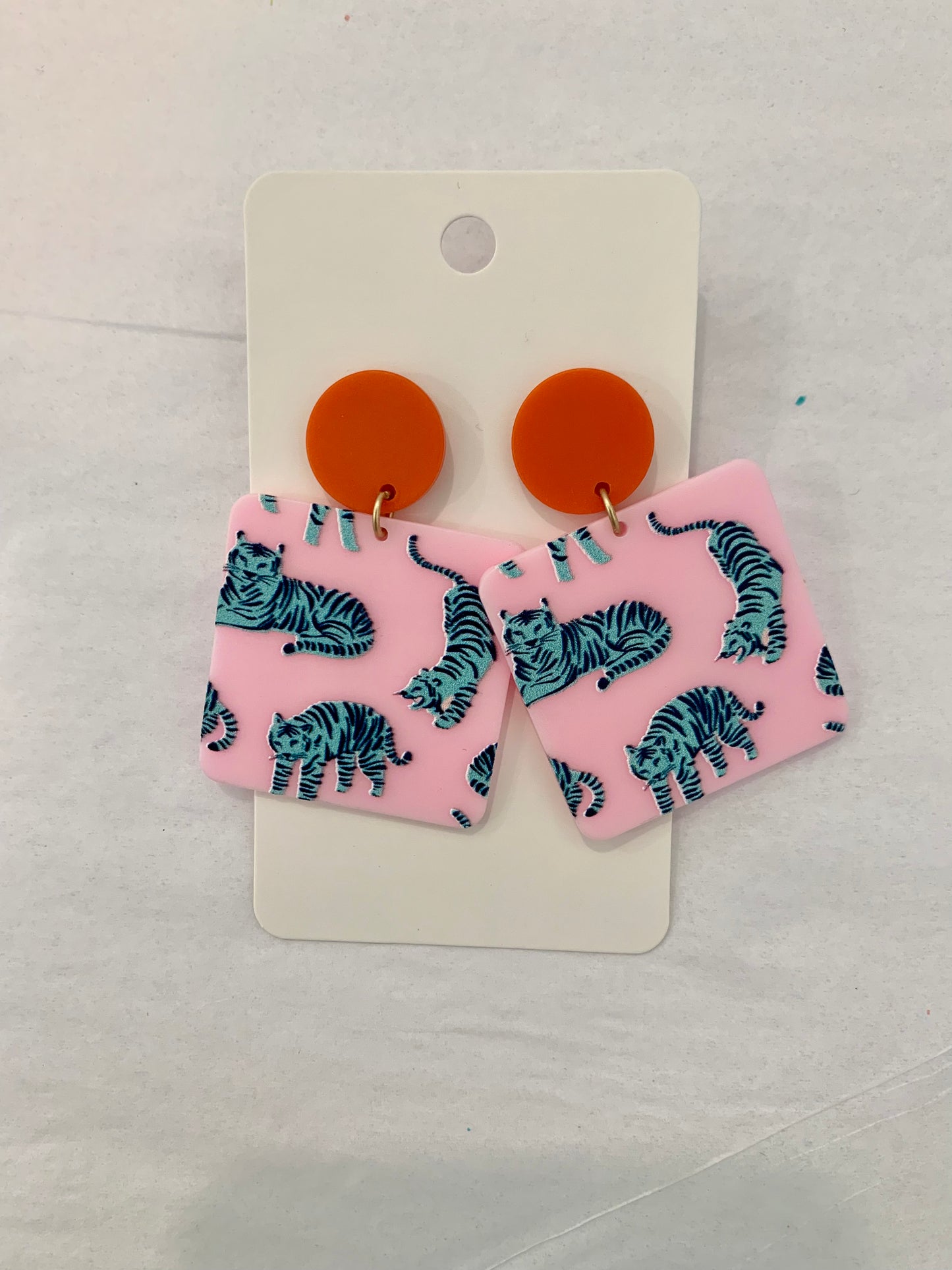 Pink and blue Tiger square earrings