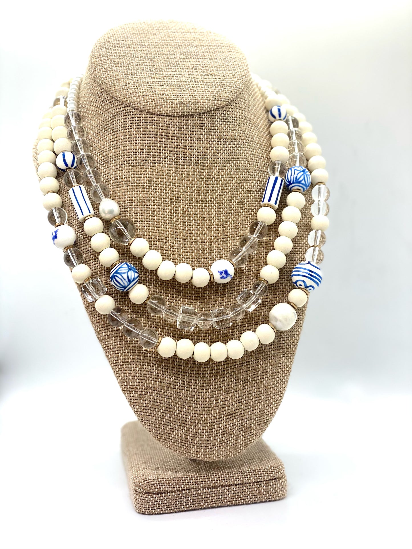 Blue and White Wooden Beads Necklace