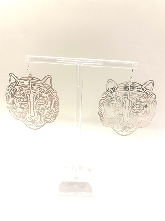 Silver Tiger Face Earring