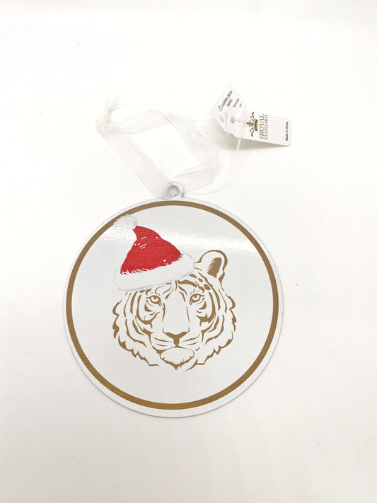 Galvanized Tiger with Santa Hat Round Ornament