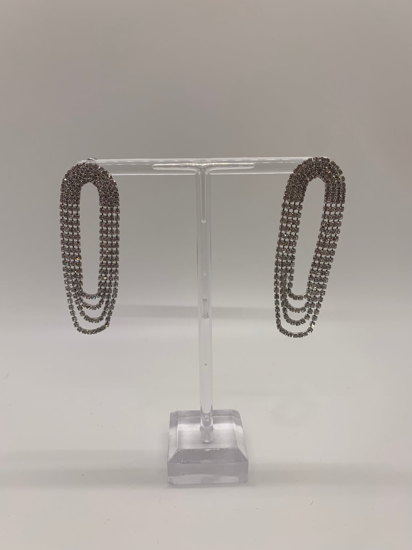Silver Rhinestone Oval Dangle Earrings